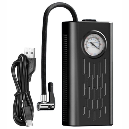 منفاخ هواء محمول قابل لإعادة الشحن بوصلة USB-C مع عدّاد ضغط تناظري – لإطارات السيارة/الدراجة والكرات
