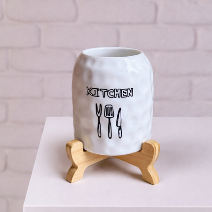 حامل معالق بورسلين بقاعدة خشب طبيعي