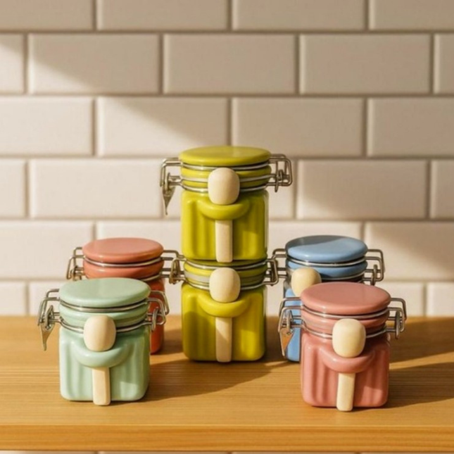 طقم برطمانات سيراميك تشطيب رخامي بغطاء محكم + ملعقة – قطعتان