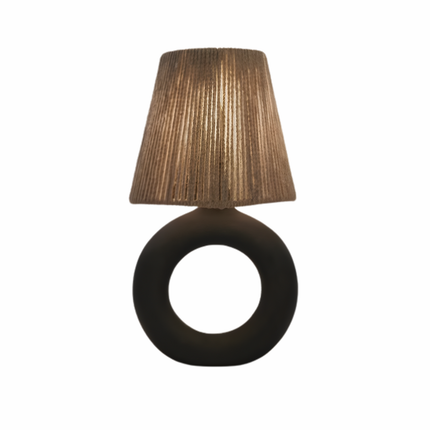 أباجورة طاولة بقاعدة فخار حلقية وشابوه خيوط/قماش – أسود/بيج (ارتفاع 45 سم)