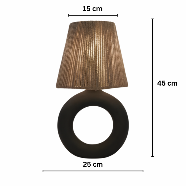 أباجورة طاولة بقاعدة فخار حلقية وشابوه خيوط/قماش – أسود/بيج (ارتفاع 45 سم)