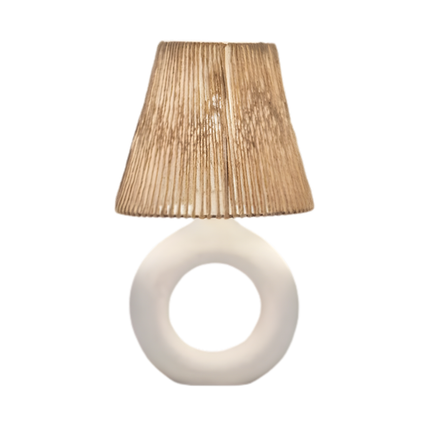 أباجورة طاولة بقاعدة فخار حلقية وشابوه خيوط/قماش – أبيض/بيج (ارتفاع 45 سم)