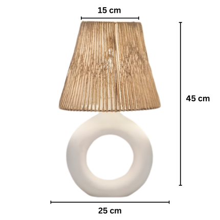 أباجورة طاولة بقاعدة فخار حلقية وشابوه خيوط/قماش – أبيض/بيج (ارتفاع 45 سم)