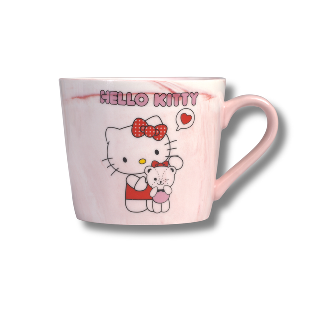 مج هيلو كيتي سيراميك – لون وردي رخامي بيد مريحة وطباعة كرتونية جذّابة