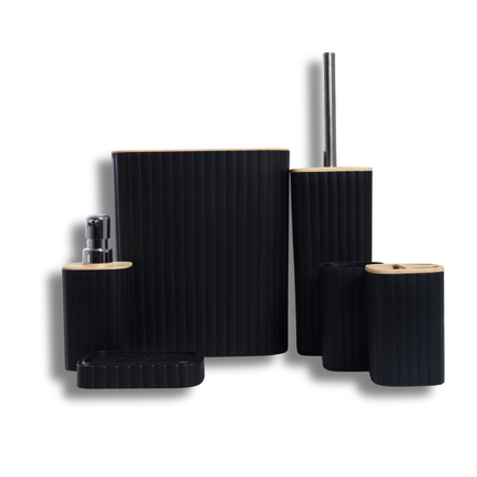 طقم إكسسوارات حمّام 6 قطع بتصميم مستطيل عصري – بلاستيك متين بلمسة بامبو – أسود أو رمادي