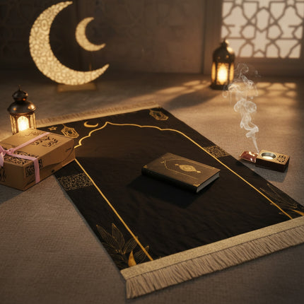 بوكس تهَادوا تَحابّوا – طقم هدايا أنيق (سجادة صلاة + مصحف مزخرف + مبخرة صغيرة+ بخور)